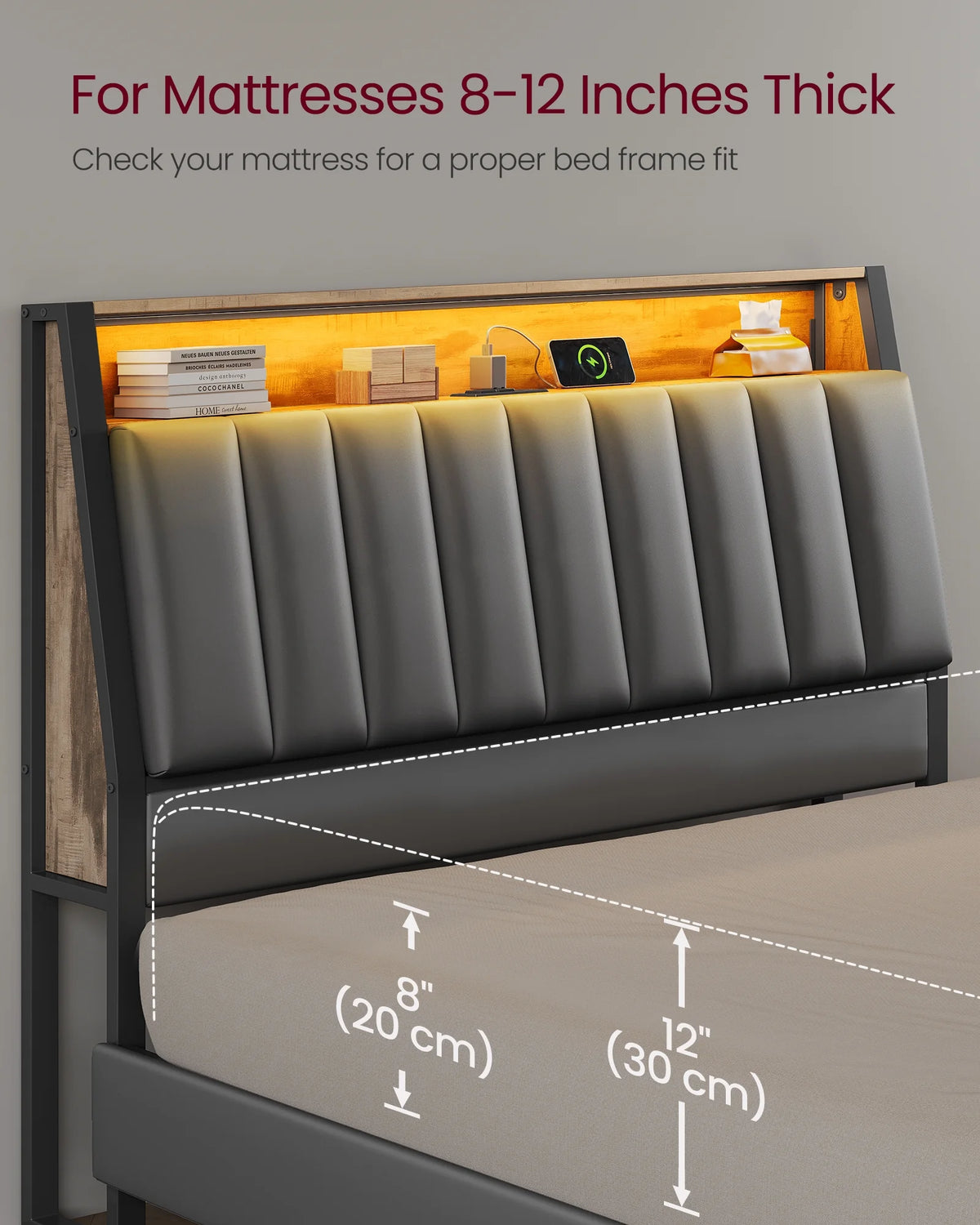 Full Size Bed Frame with Storage Headboard and Charging Station A367
