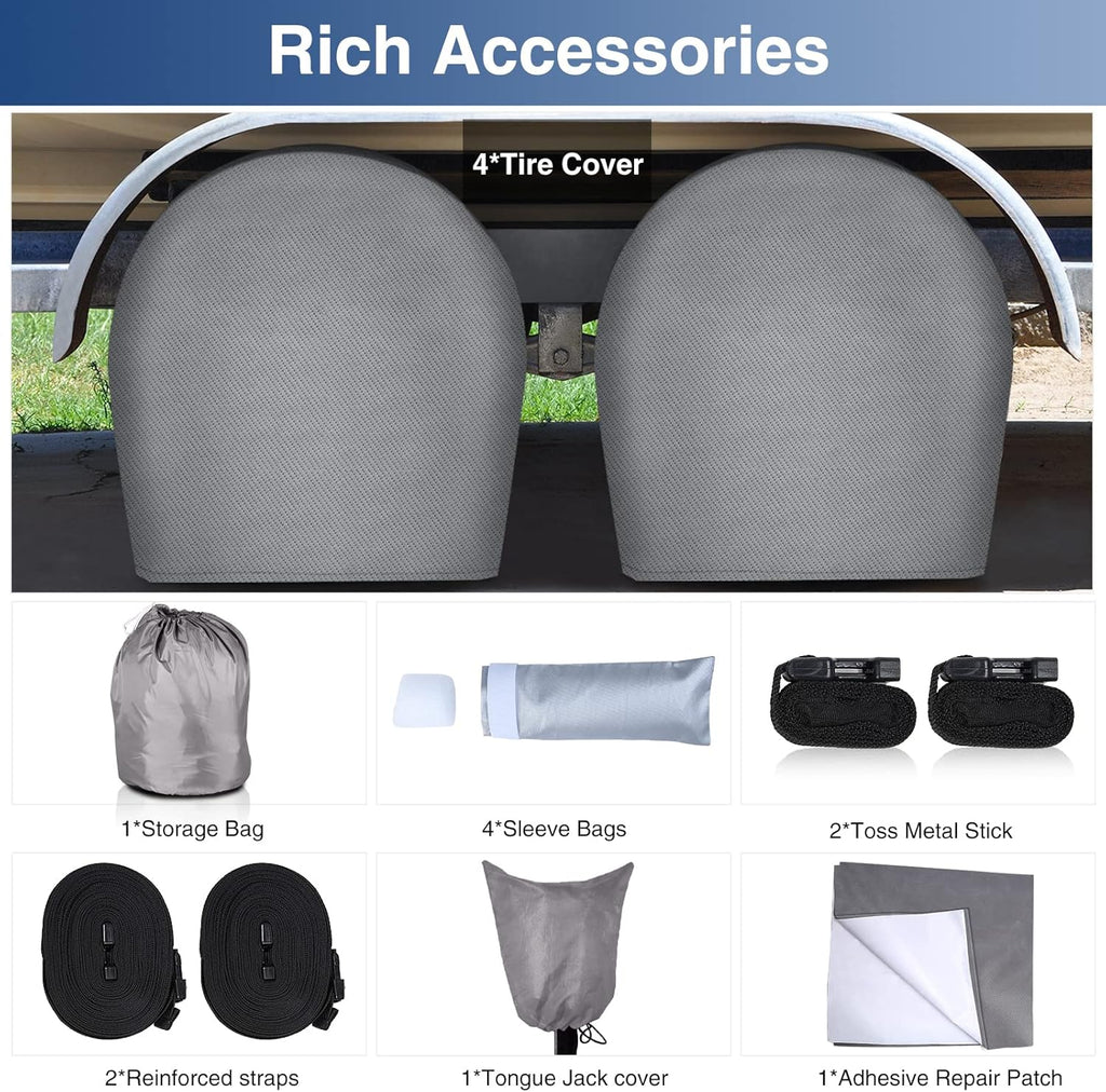 Upgraded Waterproof 500D Travel Trailer Cover with 4 Tire Covers, Tongue Jack Cover I542072