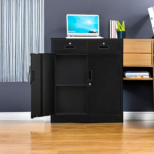 Black Steel Storage Cabinet with 2 Lockable Doors and 2 Adjustable Shelves F46279