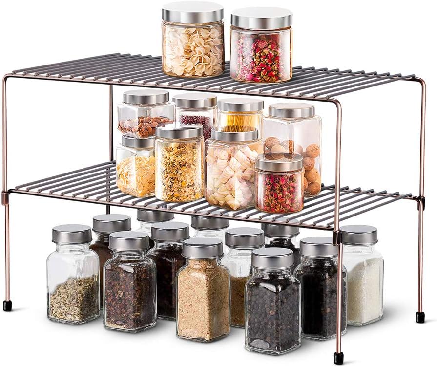 Set of 2 Stackable Expandable Storage Shelves with Anti-Slip Liners, Silver U9571
