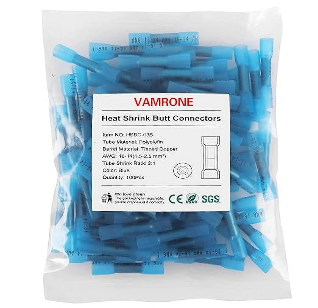 100Pcs 16-14 AWG Blue Insulated Waterproof Heat Shrink Butt Wire Connectors T8696