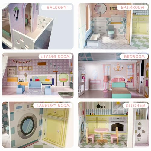 Large Wooden 3 Stories 6 Rooms Dollhouse with Elevator & Balcony C920