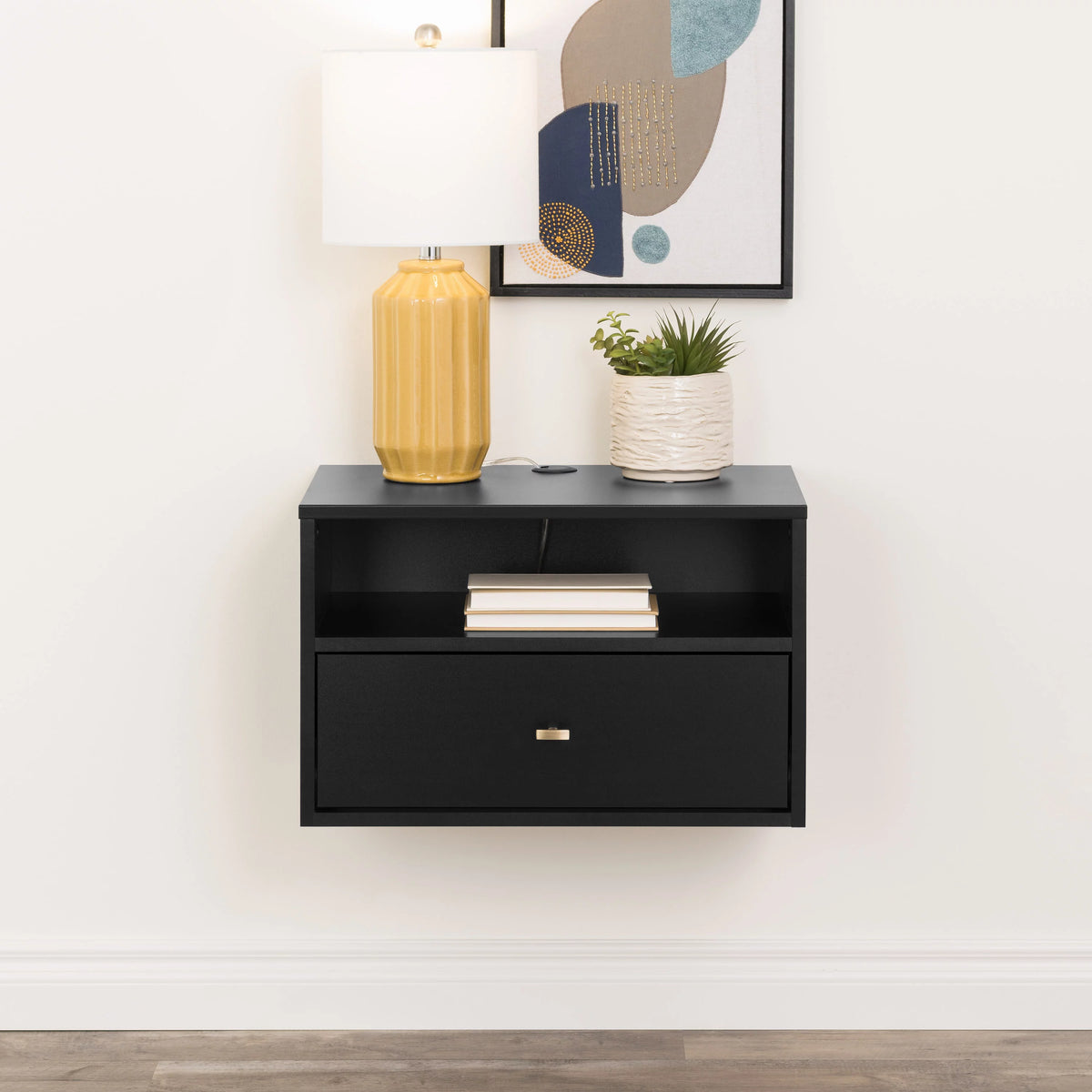 Black Floating Nightstand With Open Shelf X376