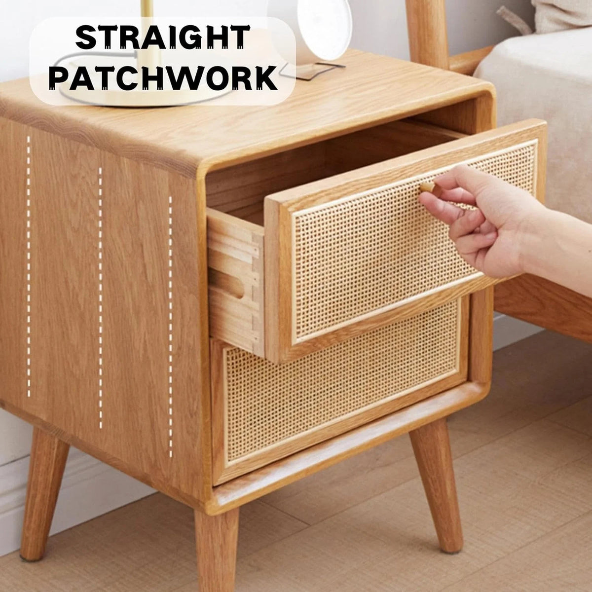 Rattan 2 Drawer Solid Oak Wood Nightstand R1665