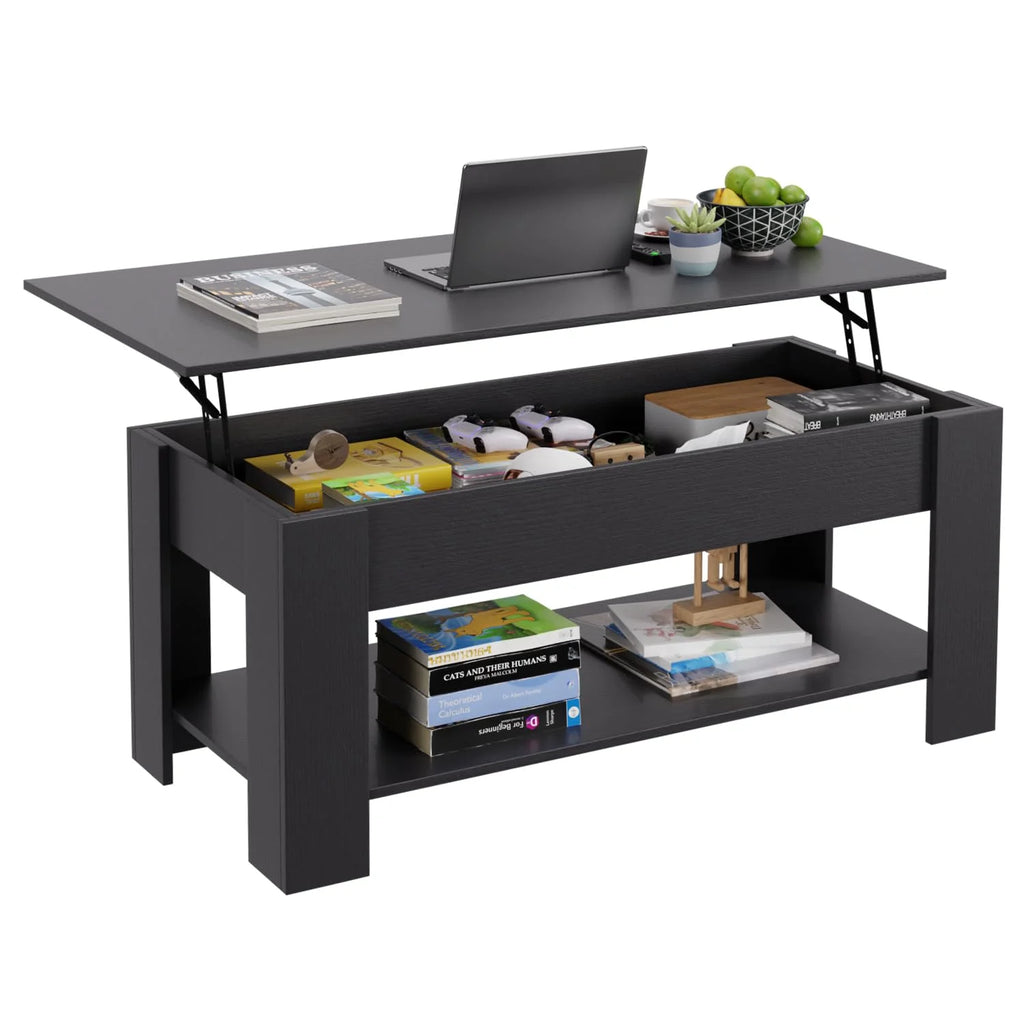 Lift Top Coffee Table with Hidden Compartment and Storage Shelf 47.2in Black P5988