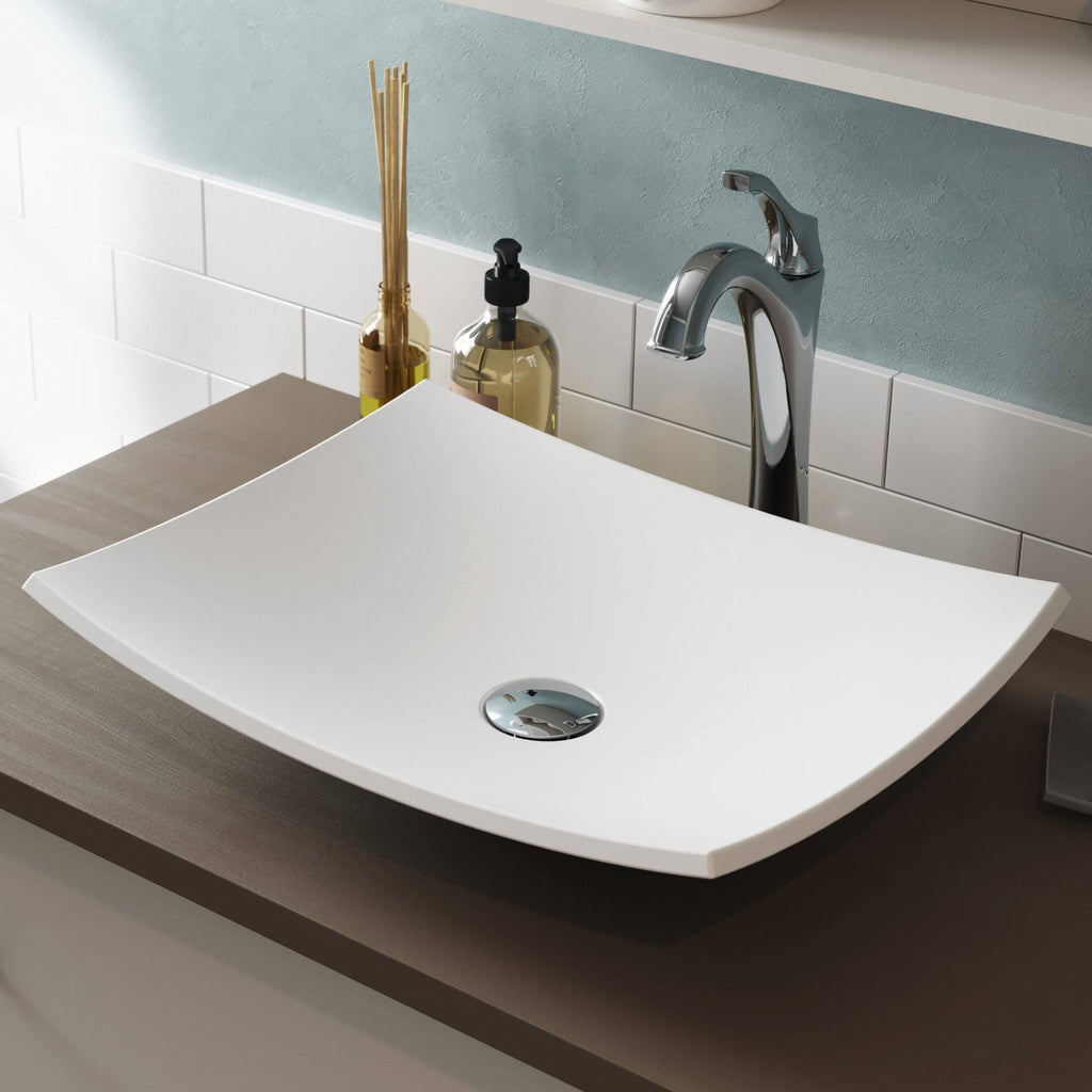 White Matte Solid Surface Rectangular Bathroom Vessel Sink and Faucet Combo Set with Pop-Up Drain Q313