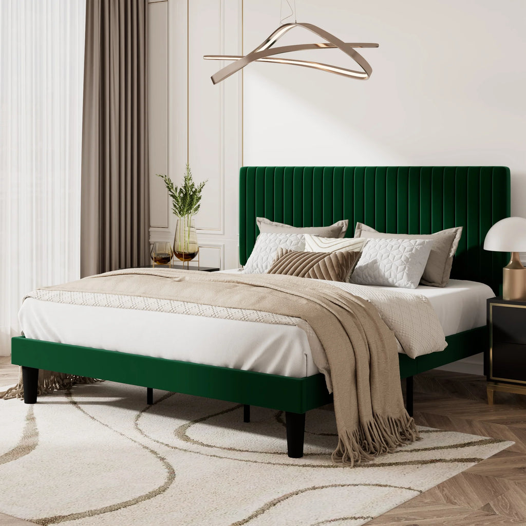 Queen Size Upholstered Platform Bed Frame with Velvet Headboard U8992