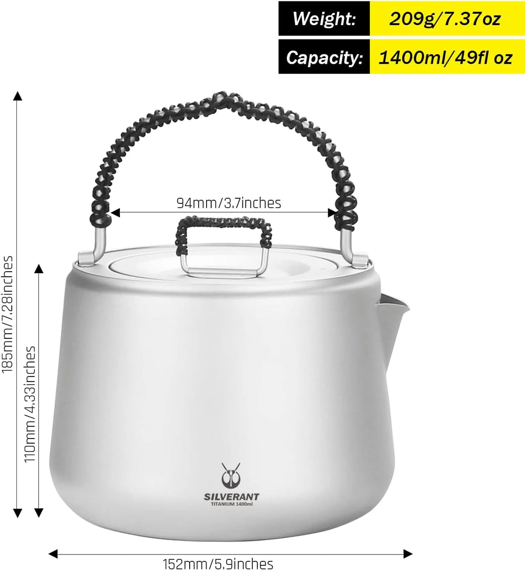 Titanium Camping Kettle with Lid Folding Bail Handle 1200ml J88465