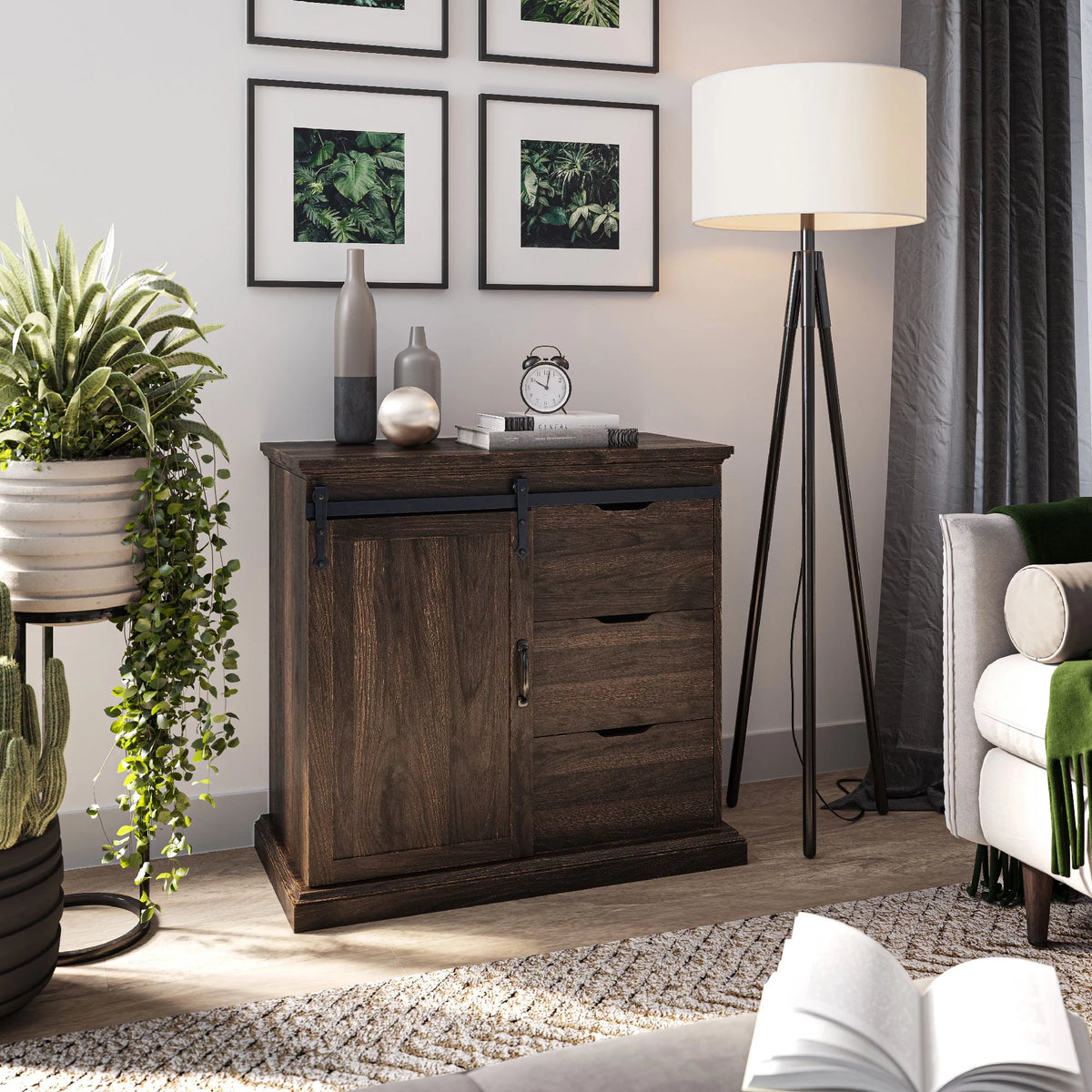 Modern Farmhouse Buffet Table with Sliding Barn Door, Three Drawers & Two Shelves U82762