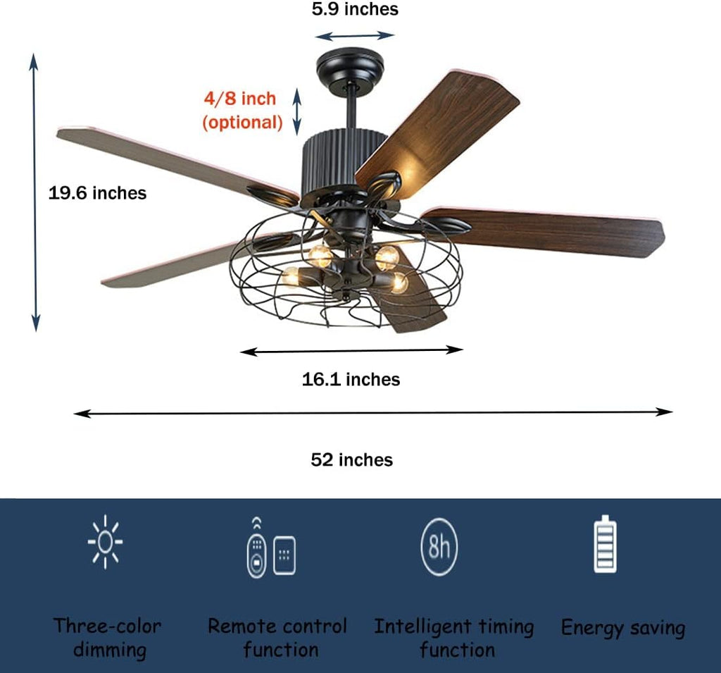 Black Industrial Ceiling Fan with Light and Remote, 5 Wood Blades, 5-Lights E26 B8900