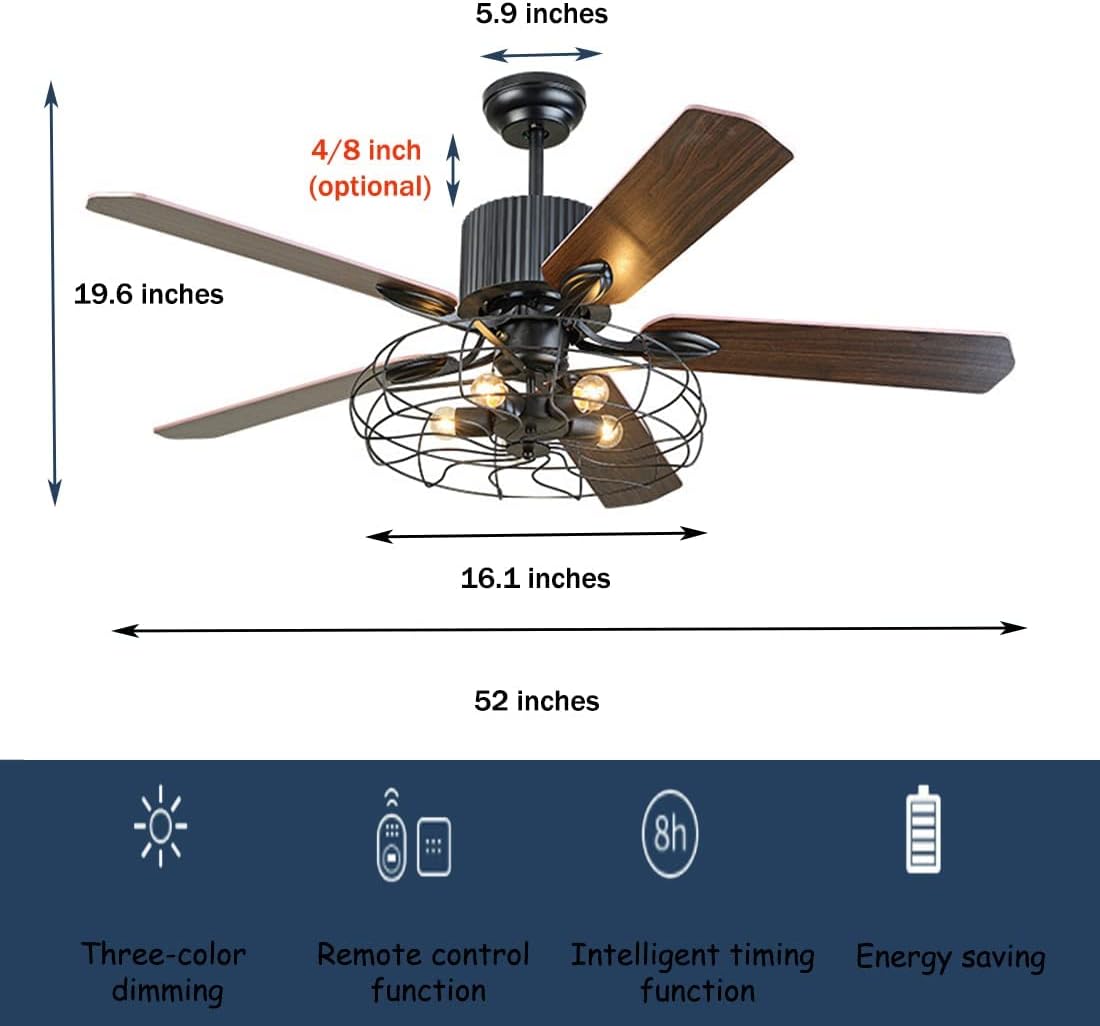 Black Industrial Ceiling Fan with Light and Remote, 5 Wood Blades, 5-Lights E26 B8900