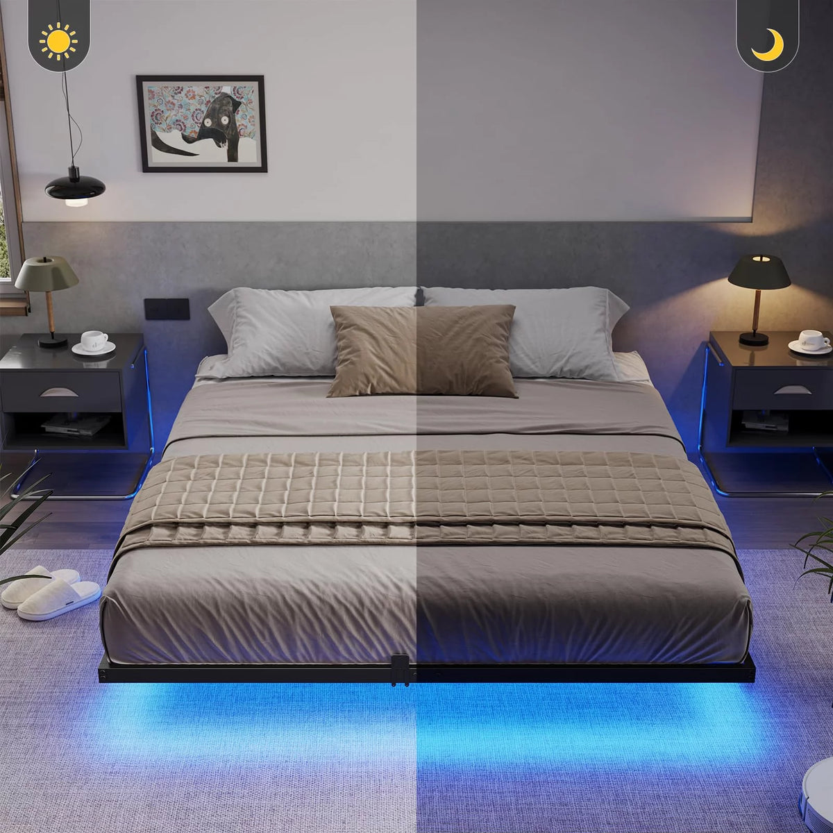 Queen Metal Platform Bed Frame with LED Lights Y551