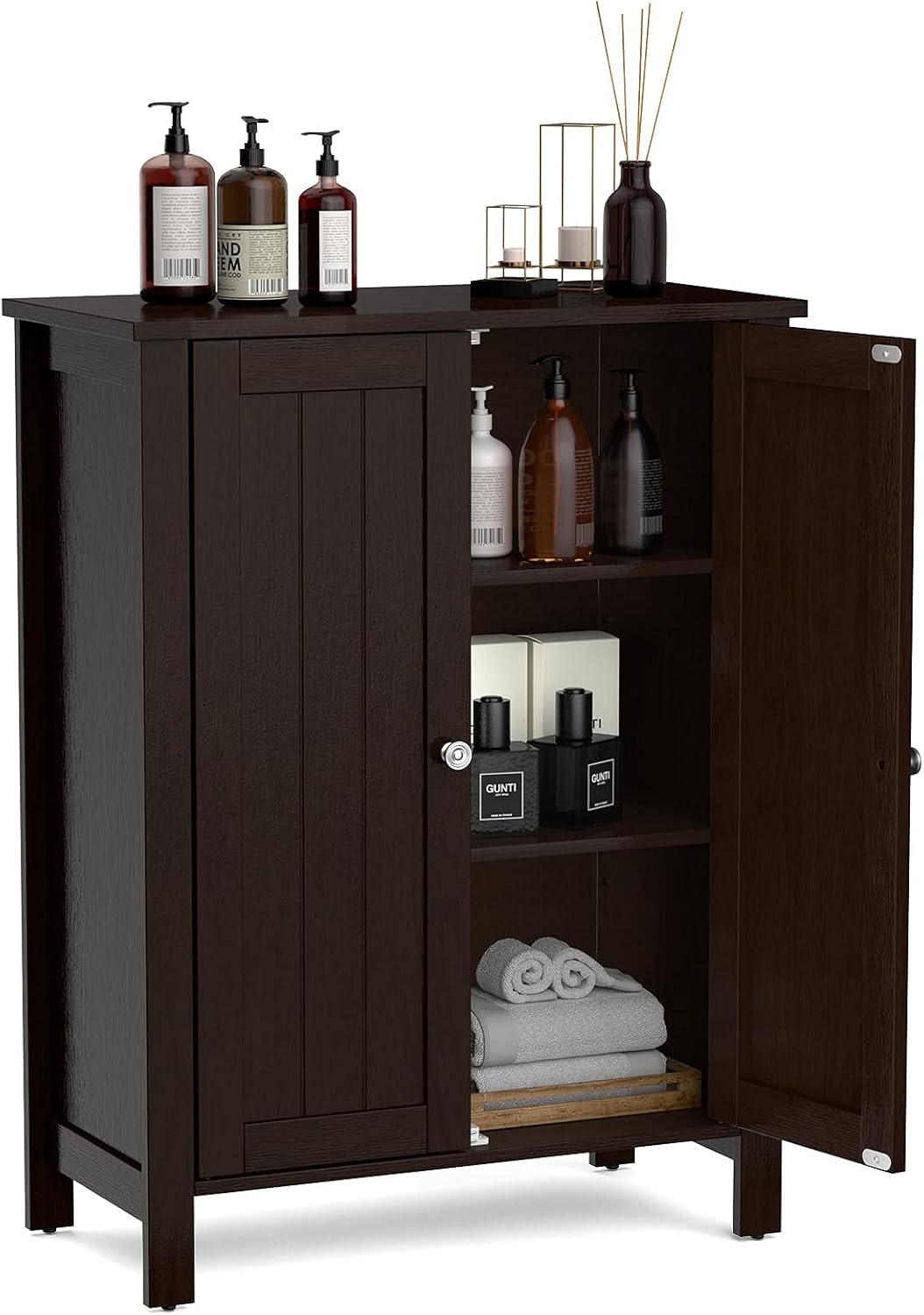 Grey Wooden Bathroom Floor Cabinet with 3-Tier Adjustable Shelf and Double Doors T1497