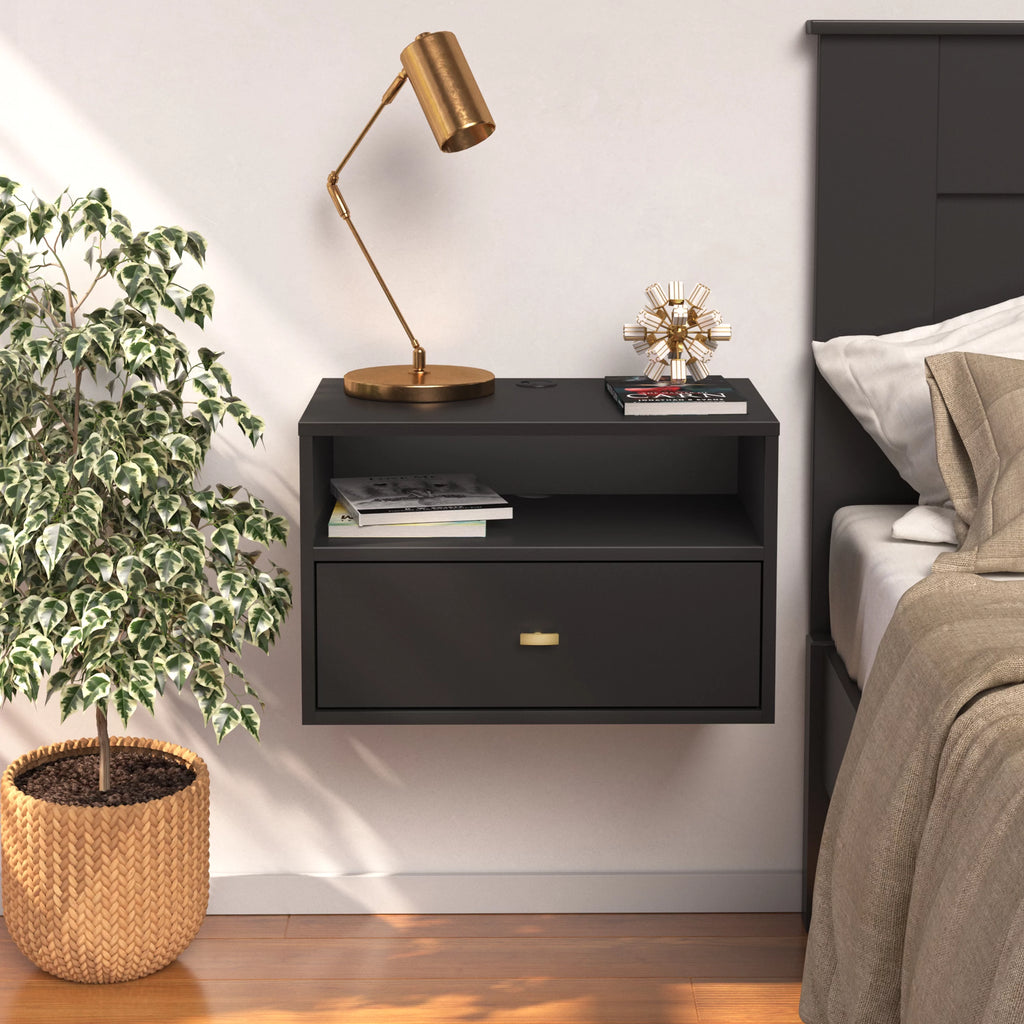 Black Floating Nightstand With Open Shelf X376