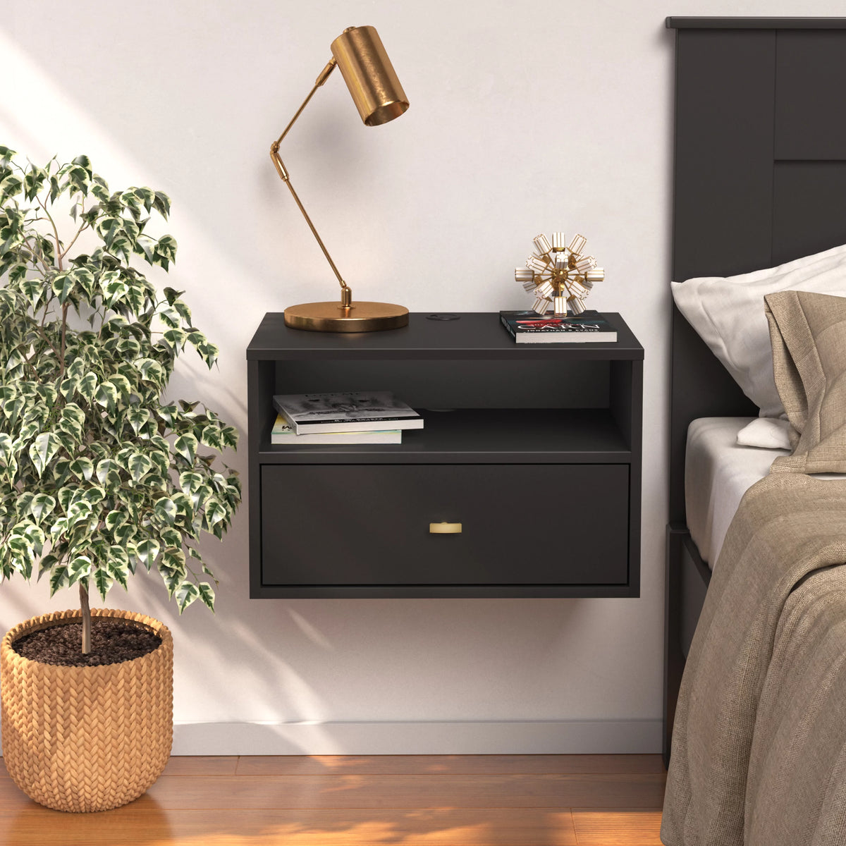 Black Floating Nightstand With Open Shelf X376