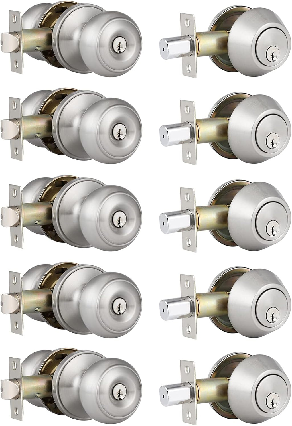 5 Pack Entry Door Knob and Single Cylinder Deadbolt Combo Pack in Satin Nickel A547
