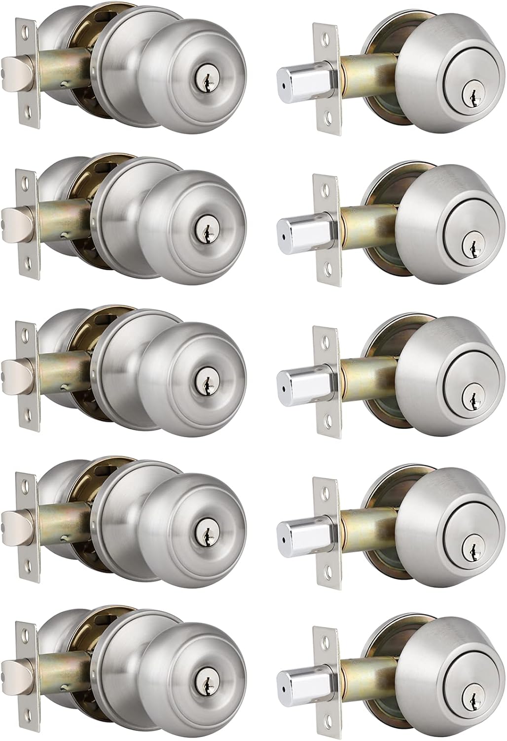 5 Pack Entry Door Knob and Single Cylinder Deadbolt Combo Pack in Satin Nickel A547