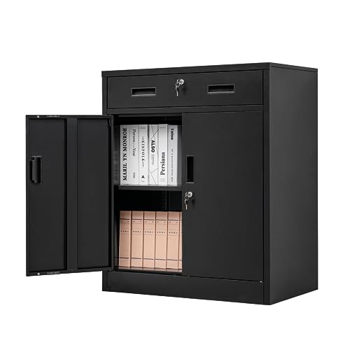 Black Steel Storage Cabinet with 2 Lockable Doors and 2 Adjustable Shelves F46279