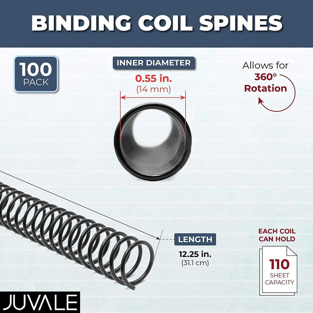 Black Spiral Binding Coils, Plastic Spines for 110 Sheets (12 in, 14mm, 4:1 Pitch, 100 Pack) Z5510