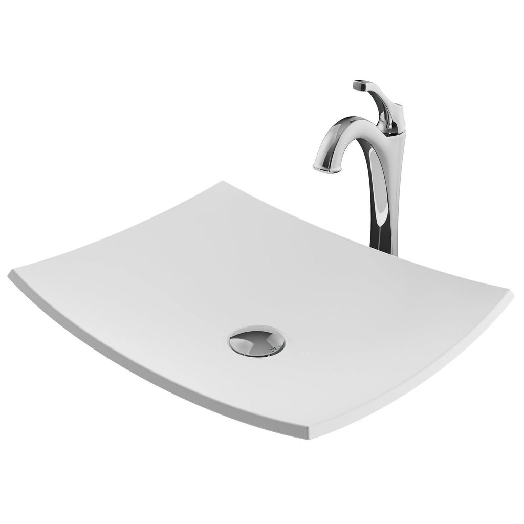 White Matte Solid Surface Rectangular Bathroom Vessel Sink and Faucet Combo Set with Pop-Up Drain Q313