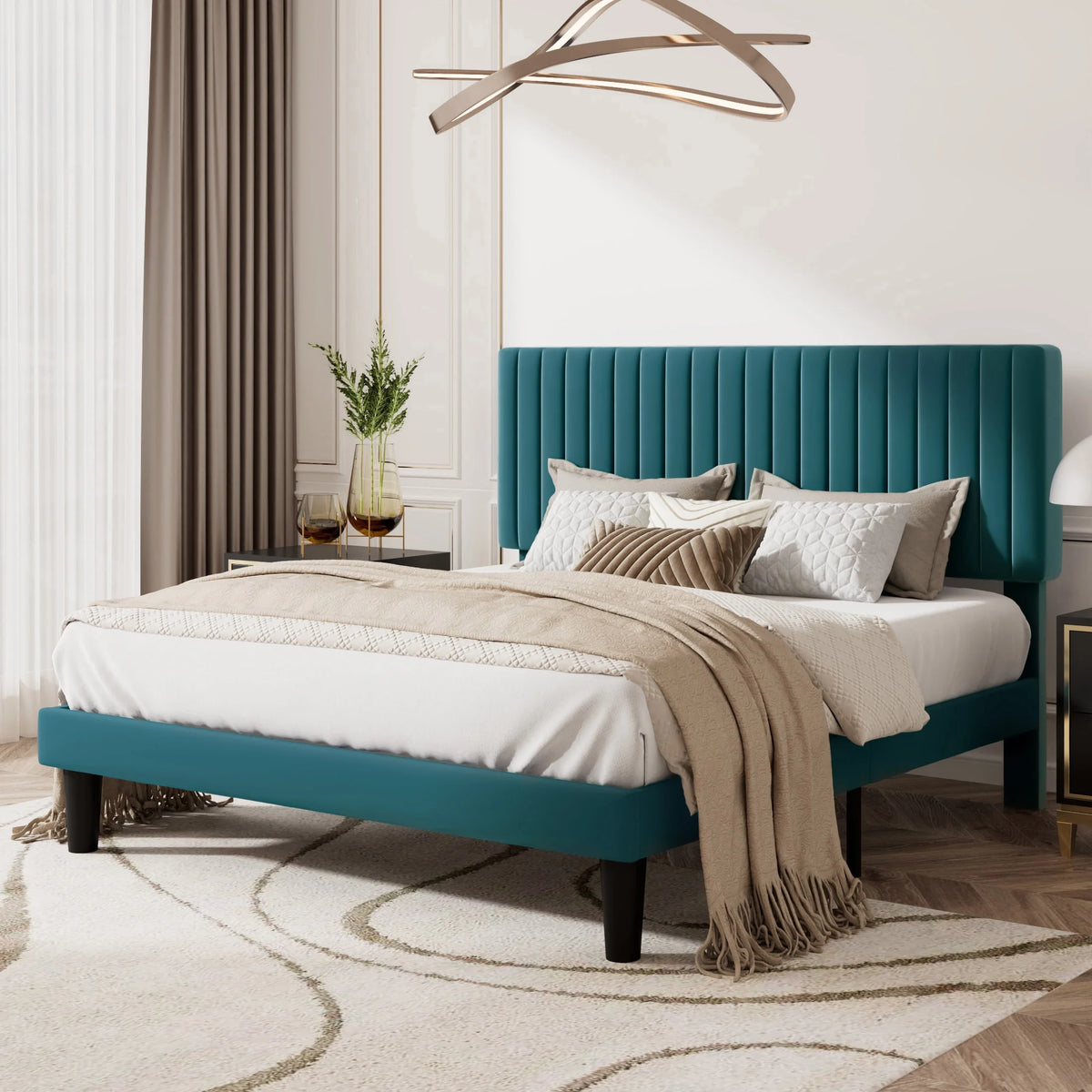 Queen Size Upholstered Platform Bed Frame with Velvet Headboard U8992