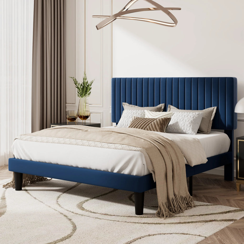 Queen Size Upholstered Platform Bed Frame with Velvet Headboard U8992